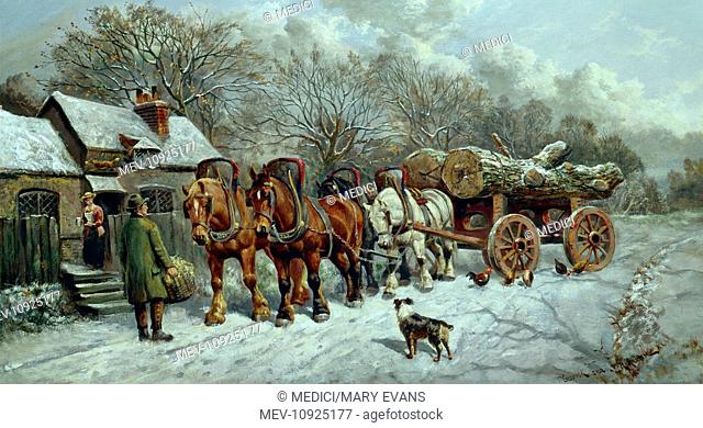 Winter Scene with a Timber Drug' – snowscene – four cart horses and wagon loaded with tree trunks outside a cottage