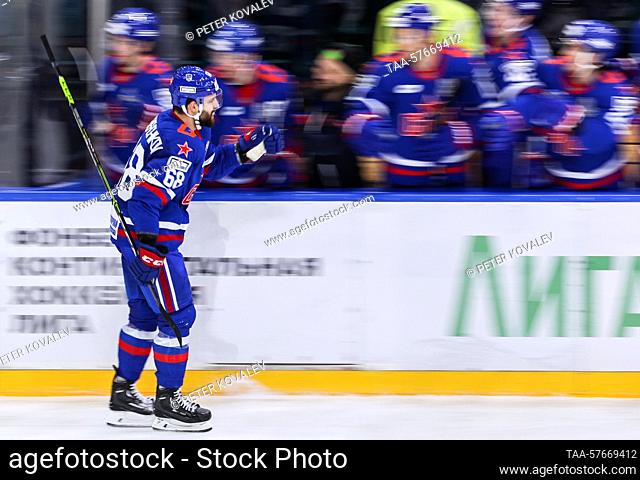 RUSSIA, ST PETERSBURG - MARCH 3, 2023: HC SKA St Petersburg's Svyatoslav Grebenshchikov celebrates scoring with his teammates in Leg 2 of their 2022/23 KHL...
