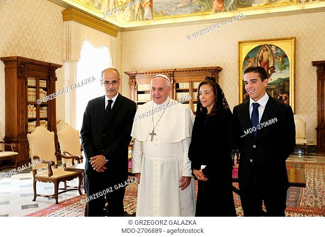 Pope Francis (Jorge Mario Bergoglio) welcoming the President of the Council of Ministers of the Principality of Andorra Antoni Marti at the private library of...