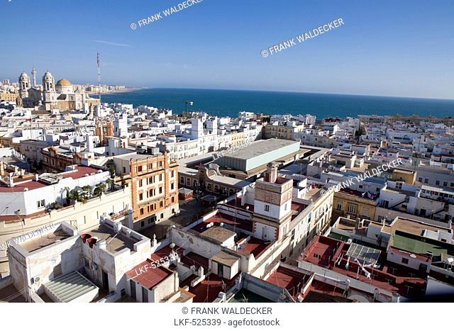 View over the historical town of Cadiz with the Cathedral, Cadiz Province, Andalusia, Spain, Europe