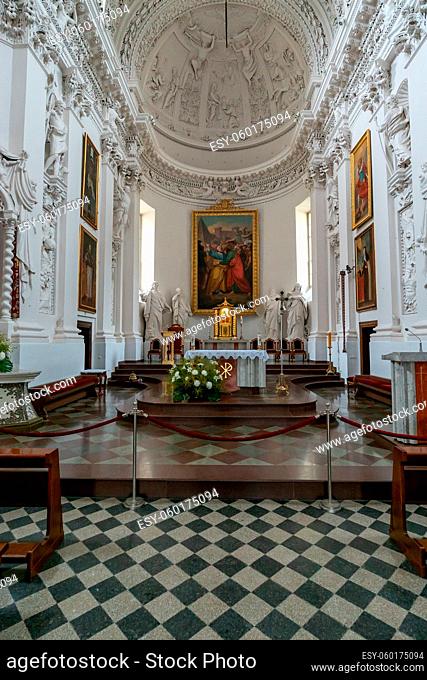 Vilnius, Lithuania - 30 August, 2021: interior view of the Church of Saint Peter and Saint Paul in Vilnius with the altar