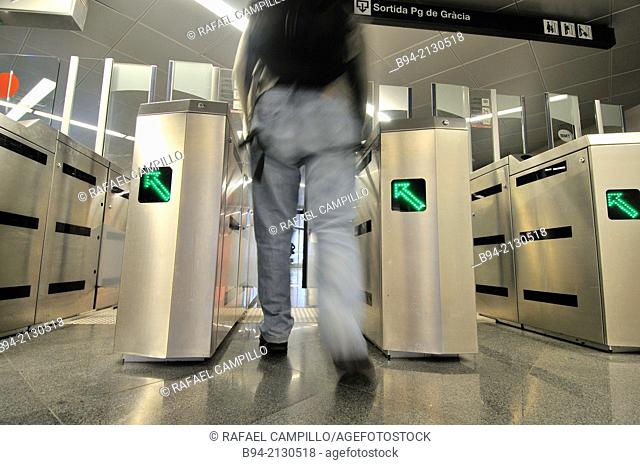 Ticket validation machine at subway station, Barcelona, Catalonia, Spain