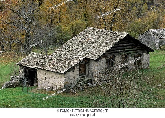 Old smoke house for edible chestnuts near Soglio in Val Bregaglia, Bergell, Switzerland