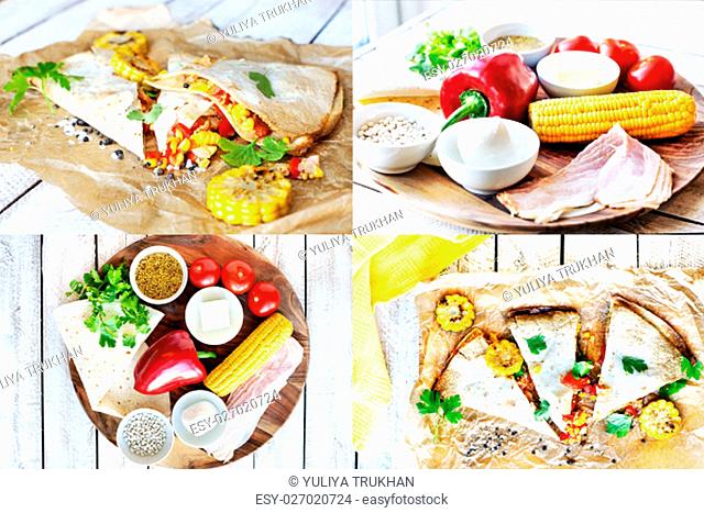 Collage. Ingredients for cooking Mexican Quesadilla wrap with vegetables, corn, sweet pepper and sauces on the parchment and table. horizontal view