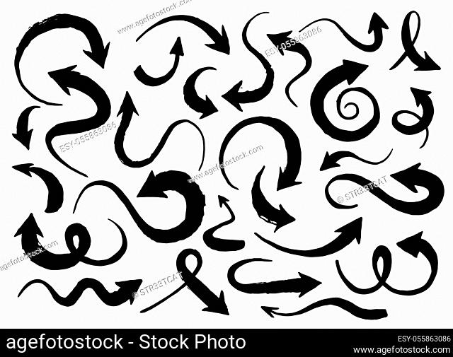 Hand drawn set of different arrows, in various shapes and forms painted with ink brush, isolated on white background. Vector illustration