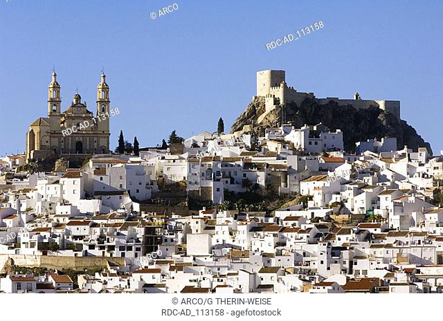 Church Encarnacion and moorish castle Olvera white villages Pueblos Blancos Andalusia Spain