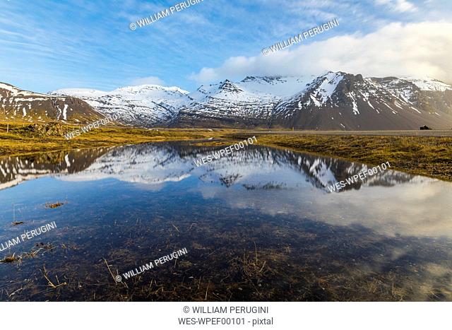 Iceland, Hofn, Mountain reflection in a pond