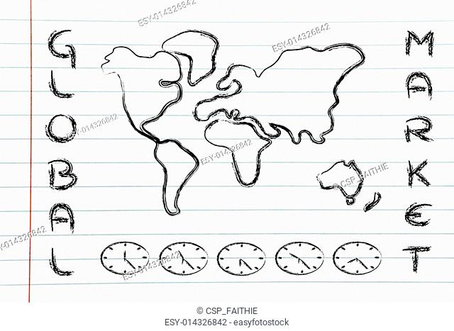 world map and time zone clocks, business going global
