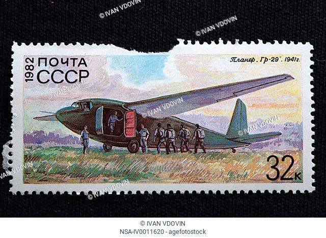 History of aviation, Russian glider GR-9 1941, postage stamp, USSR, 1982