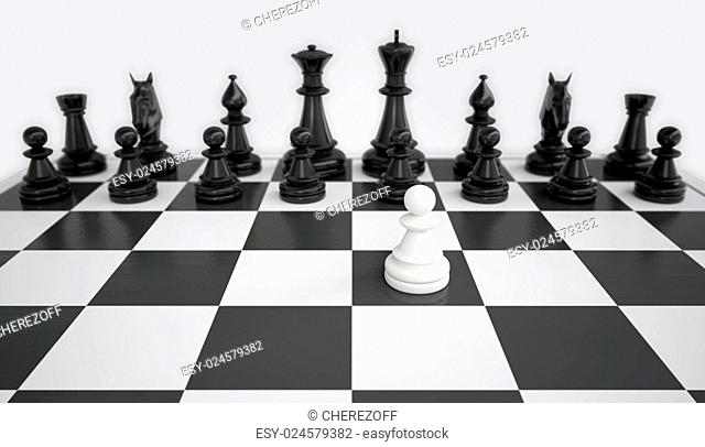 White pawn before the army of black chess pieces. gray background