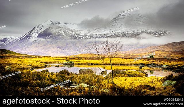 Snow covered mountains on the edge of Rannoch Moor near Glencoe, Scotland
