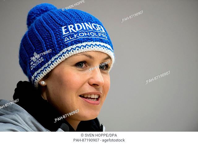 Former German biathlete Magdalena Neuner speaks during a pres conference for the Biathlon World Cup at the Chiemgau Arena in Ruhpolding, Germany