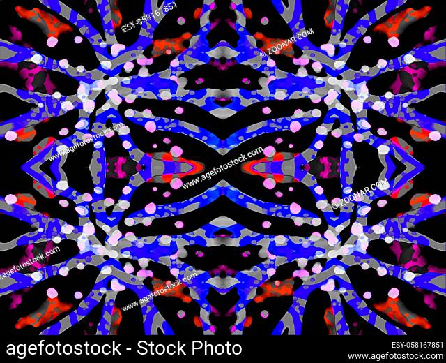 Digital abstract geometric seamless pattern design in blue and red colors over black background