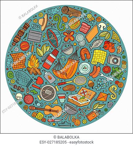 Colorful vector hand drawn set of Picnic cartoon doodle objects, symbols and items. Round composition