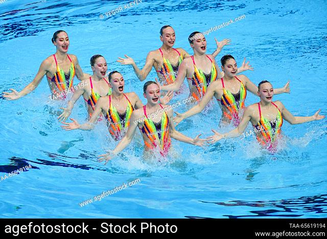 RUSSIA, KAZAN - DECEMBER 10, 2023: Members of Team Belarus perform their group technical routine during the Synchronised Swimming Federation Cup at the Palace...