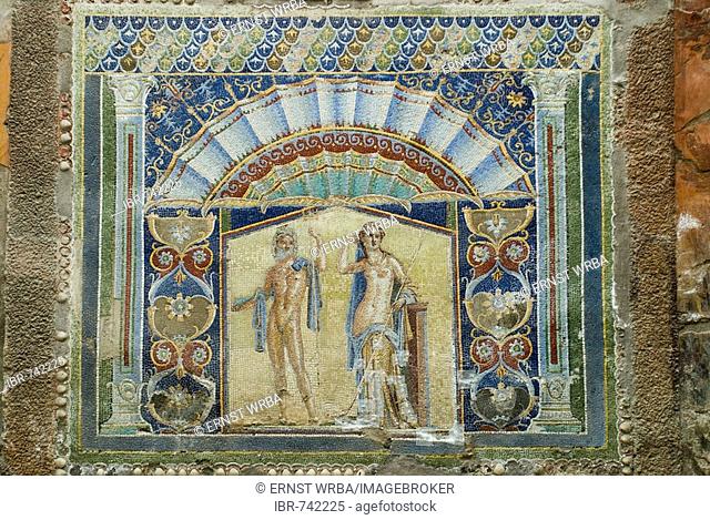 Wall Mosaic of Neptune and Amphitrite, Casa di Nettuno e Anfitrite, House of Neptune and Amphitrite, Roman excavation site, Herculaneum, Ercolano, Naples