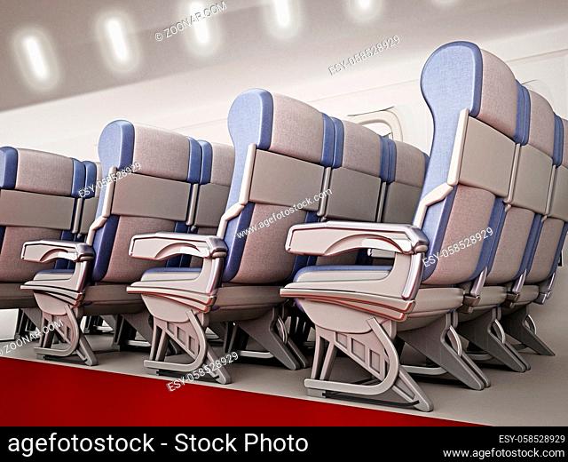View of an airplane corridor with row of seats. 3D illustration