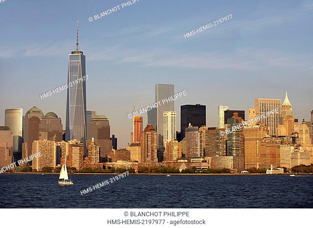 United States, New York, Manhattan, View of Lower Manhattan and the new One World Trade Center from Ellis Island at sunset