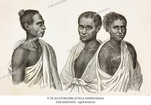 Portrait of three natives, Hawaii Islands, engraving by Danvin and Mariage from Oceanie ou Cinquieme partie du Monde, Revue Geographique et Ethnographique de la...