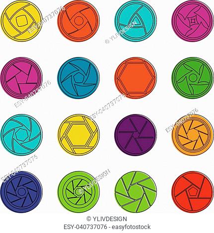 Photo diaphragm set. Outline illustration of 16 photo diaphragm vector icons set. Doodle illustration of vector icons isolated on white background for any web...