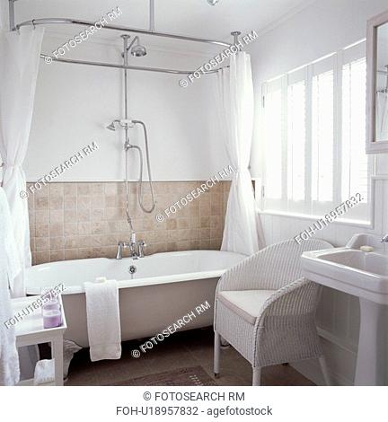 White Curtains On Oval Shower Rail, Oval Bath Shower Curtain Rail For Sloping Ceiling