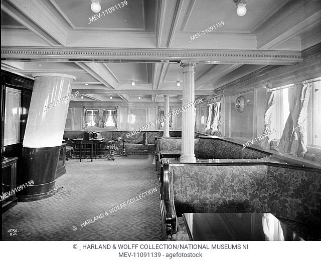 Second class social hall/reading and writing room, with past massing through floor to ceiling. Ship No: 415. Name: Arlanza. Type: Passenger Ship