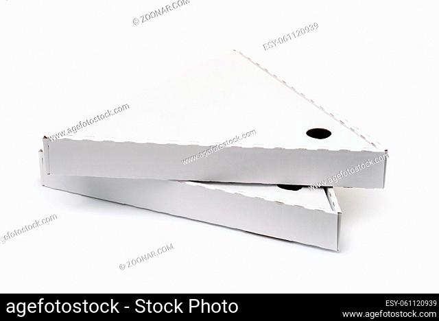 Two blank triangle packaging pizza slice boxes isolated on white