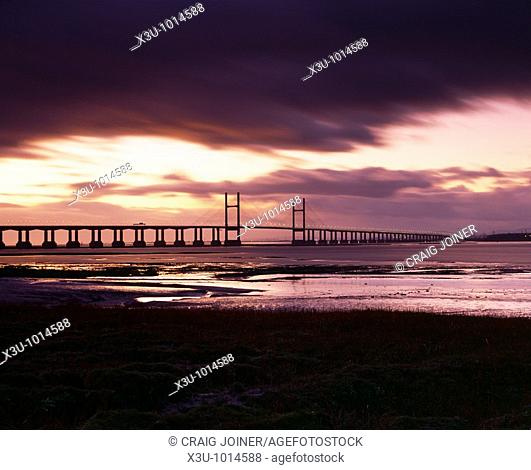 The Prince of Wales Bridge (Second Severn Crossing) over the River Severn between England and Wales seen from Severn Beach in Gloucestershire