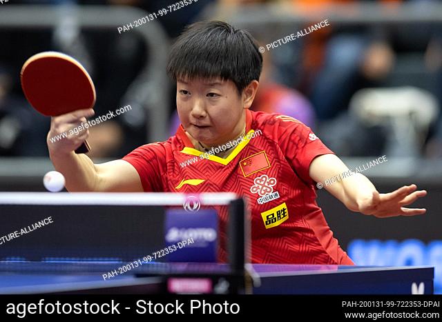 31 January 2020, Saxony-Anhalt, Magdeburg: Table tennis: German Open, women, singles, round of sixteen, Sun (China) - Ishikawa (Japan)