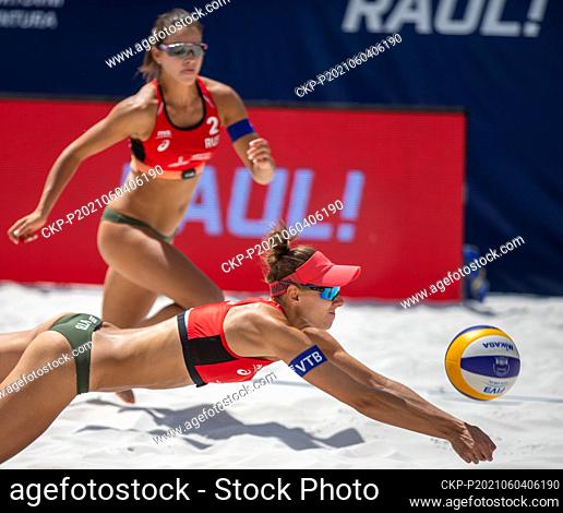 Ksenia Dabizha, front, Daria Rudykh of Russia in action during the Ostrava Beach Open 2021 tournament, part of the Beach Volleyball World Tour match Barbora...