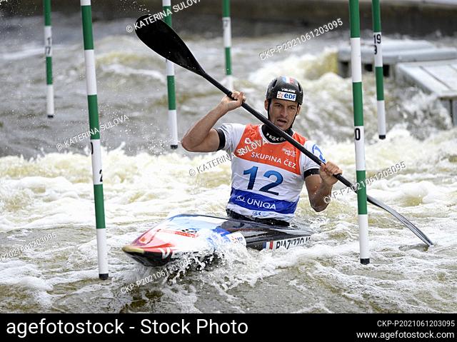 Third placed Mathieu Biazizzo of France competes during the final K1 men's race of the ICF Canoe-Kayak Slalom World Cup in Prague, Czech Republic, June 12, 2021