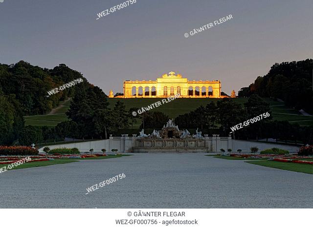 Austria, Vienna, view to lighted gloriette in the garden of Schoenbrunn Palace