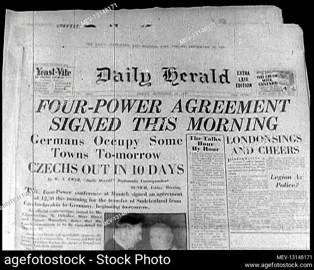 Close Up on the Newspaper Headline of the Daily Herald Reading FOUR-POWER AGREEMENT SIGNED THIS MORNING - United Kingdom