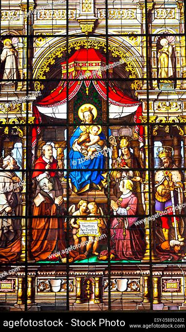 Ghent, Belgium - April 16, 2017: Stained glass window of the Saint Nicholas' Church in Ghent, Belgium