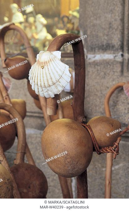the typical stick of the pilgrim with the pumpkin and the 'coucha' of 'camino de santiago', santiago de compostela, spain
