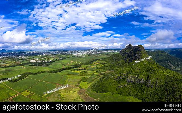 Aerial view of Mont du Rempart with Trois Mamelles, sugar cane fields, Black River region, Mauritius, Africa