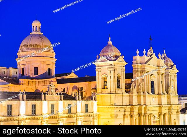 Dome of Noto Cathedral at night, Noto, Val di Noto, UNESCO World Heritage Site, Sicily, Italy, Europe. This is a photo of th dome of Noto Cathedral at night