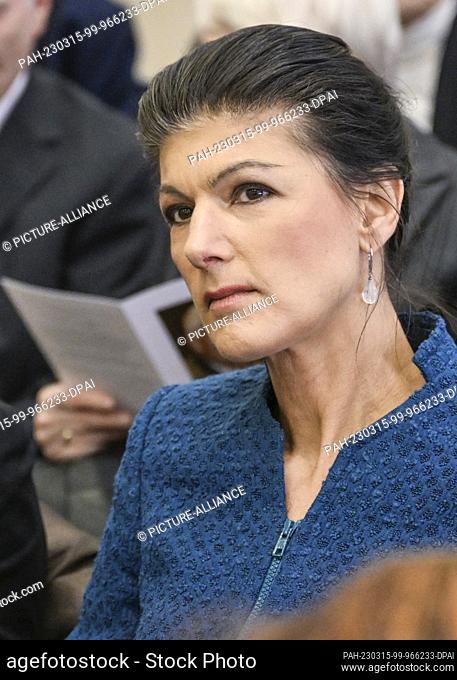 15 March 2023, Berlin: The politician Sahra Wagenknecht (Die Linke) comes to the funeral service for the former GDR Prime Minister Modrow in the Münzenberg Hall...