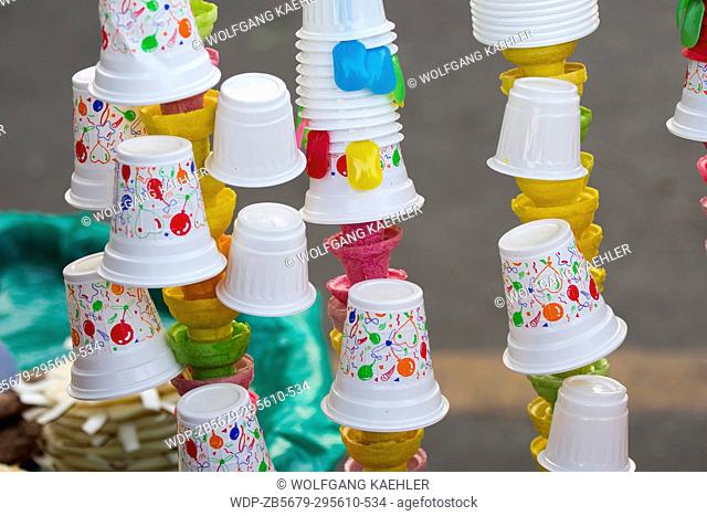 Display of ice cream cones and cups in front of the Sone Oo Pone Nya Shin Pagoda on Sagaing Hill in Sagaing, a town outside of Mandalay, Myanmar
