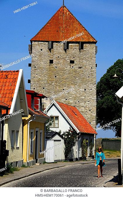 Sweden, Gotland Island, Visby, former Viking site, Hanseatic fortified town classified as a World Heritage by UNESCO, one of the tower of the walls
