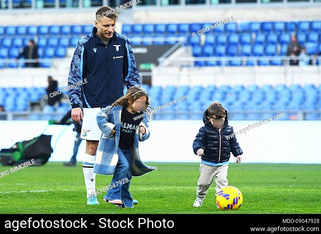Lazio player Ciro Immobile with his children during the match Lazio-Bologna at the Stadio Olimpico. Rome (Italy), February 12nd, 2022