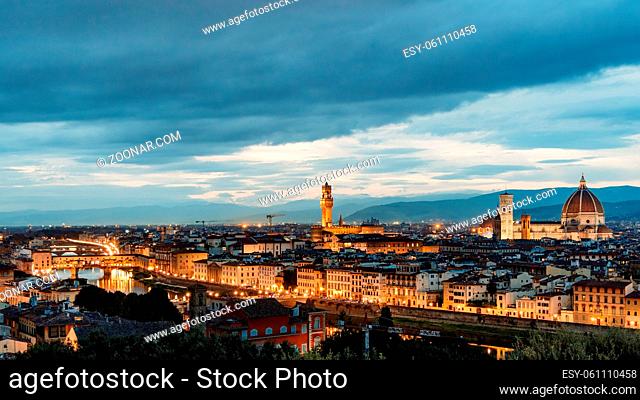 FLORENCE, TUSCANY/ITALY - OCTOBER 18 : Distant view of Florence Cathedral at dusk in Florence on October 18, 2019