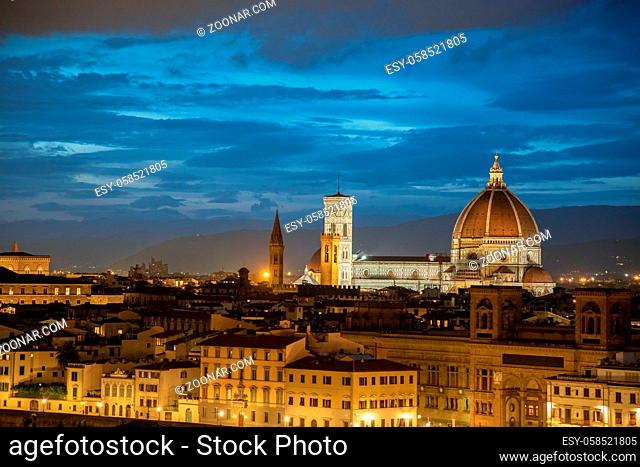 FLORENCE, TUSCANY/ITALY - OCTOBER 18 : View of Florence Cathedral at dusk in Florence on October 18, 2019