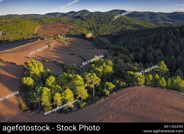 Remains of the ancient castle of Solivella, surrounded by fields at sunset (NavÃ s, Barcelona, Catalonia, Spain)