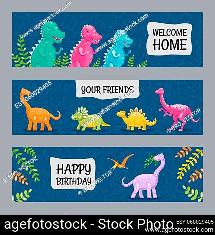 Vivid banner designs with cheerful dinos. Colorful funny dinosaurs and text on blue background. Creatures and fossil reptiles concept