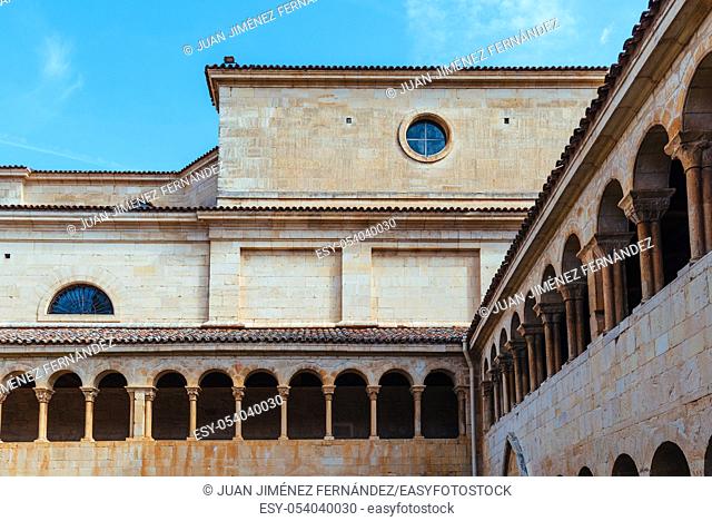 Santo Domingo de Silos, Spain - April 16, 2019: The cloister of Santo Domingo de Silos Abbey. It is a Benedictine monastery and a masterpiece of Romanesque art
