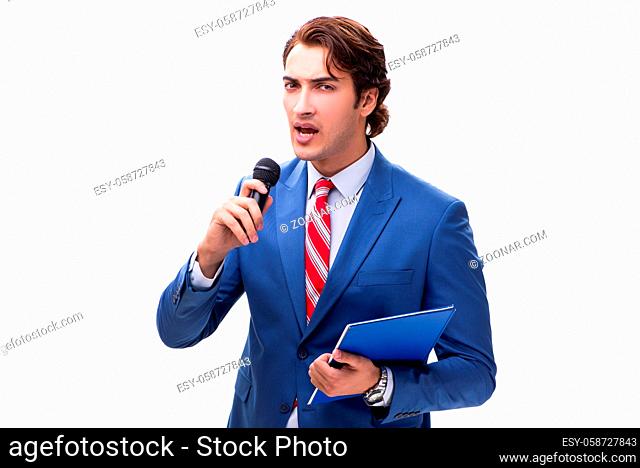 Elegant man with microphone isolated on white