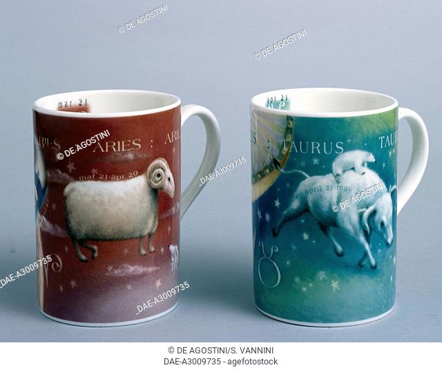 Zodiac mugs, Aries and Taurus, Rob Scotton series, ceramic, Portmeirion Potteries manufacture, Stoke-on-Trent, England, 20th century