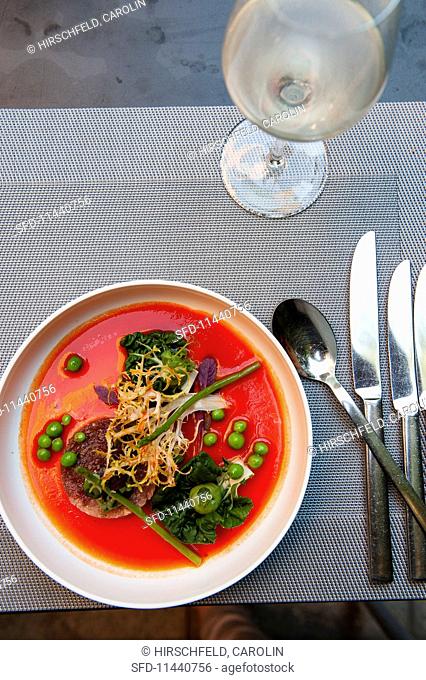 Tuna fish and hamachi tatar in gazpacho with bok choy, peas and frisee lettuce