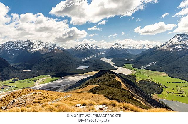 View on Dart River and mountain scenery, Mount Alfred, Glenorchy at Queenstown, Southern Alps, Otago, Southland, New Zealand